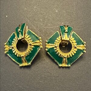 Vintage Green Enamel Clip Earrings Gold Tone
